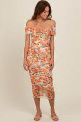 Orange Floral Off Shoulder Ruched Maternity Midi Dress