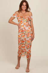 Orange Floral Off Shoulder Ruched Midi Dress