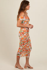 Orange Floral Off Shoulder Ruched Midi Dress