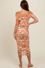 Orange Floral Off Shoulder Ruched Midi Dress