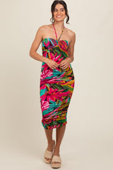 Fuchsia Tropical Halter Fitted Midi Dress