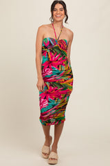 Fuchsia Tropical Halter Fitted Midi Dress