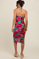 Fuchsia Tropical Halter Fitted Midi Dress