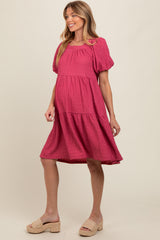 Pink Textured Tiered Puff Sleeve Maternity Dress