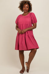 Pink Textured Tiered Puff Sleeve Maternity Dress