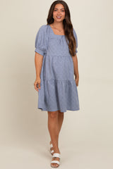 Blue Jacquard Tiered Maternity Dress