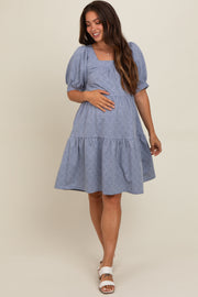 Blue Jacquard Tiered Maternity Dress