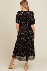 Black Floral Smocked Sash Tie Maternity Midi Dress