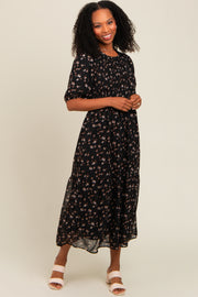 Black Floral Smocked Sash Tie Midi Dress