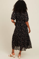 Black Floral Smocked Sash Tie Midi Dress