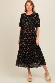 Black Floral Smocked Sash Tie Maternity Midi Dress