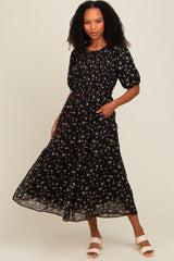 Black Floral Smocked Sash Tie Midi Dress