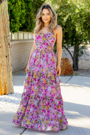 Lavender Floral Print Chiffon Maxi Dress