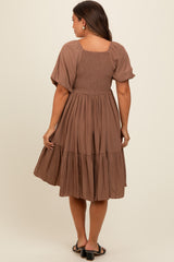 Brown Square Neck Puff Sleeve Maternity Dress