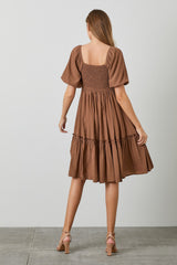 Brown Square Neck Puff Sleeve Dress