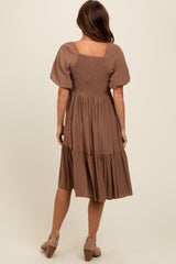 Brown Square Neck Puff Sleeve Dress