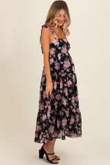 Black Floral Print Tie Strap Maternity Midi Dress