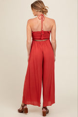 Scarlet Back Cutout Smocked Halter Wide Leg Maternity Jumpsuit