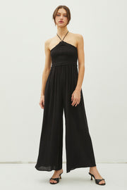 Black Back Cutout Smocked Halter Wide Leg Jumpsuit