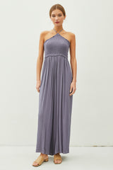 Indigo Back Cutout Smocked Halter Wide Leg Jumpsuit