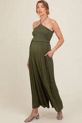 Olive Back Cutout Smocked Halter Wide Leg Maternity Jumpsuit