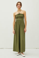 Olive Back Cutout Smocked Halter Wide Leg Jumpsuit