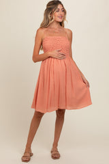 Salmon Textured Smocked Maternity Dress