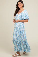 Blue Floral Cinched Tie Maxi Dress