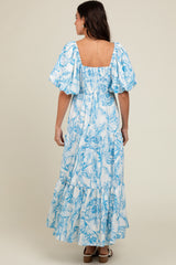 Blue Floral Cinched Tie Maxi Dress