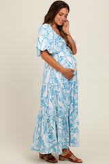 Blue Floral Cinched Tie Maternity Maxi Dress