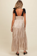 Beige Tiered Satin Tie-Strap Maternity Maxi Dress