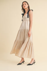 Beige Tiered Satin Tie-Strap Maxi Dress