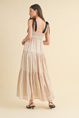 Beige Tiered Satin Tie-Strap Maxi Dress