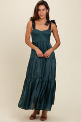 Teal Tiered Satin Tie-Strap Maternity Maxi Dress