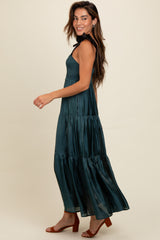 Teal Tiered Satin Tie-Strap Maxi Dress