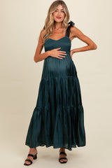 Teal Tiered Satin Tie-Strap Maternity Maxi Dress