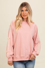 Light Pink Velvet Bow Accent Maternity Sweatshirt