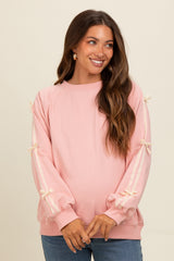 Light Pink Velvet Bow Accent Maternity Sweatshirt