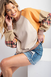 Peach Colorblock Plaid Dolman Sleeve Pullover