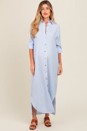 Light Blue Striped Button Down Maternity Maxi Dress