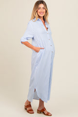 Light Blue Striped Button Down Maternity Maxi Dress