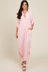 Pink Striped Button Down Maternity Maxi Dress