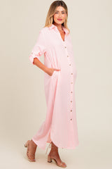 Pink Striped Button Down Maternity Maxi Dress