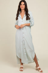 Light Olive Striped Button Down Maternity Maxi Dress