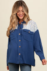 Navy Blue Colorblock Floral Maternity Button Down