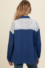 Navy Blue Colorblock Floral Maternity Button Down