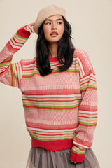 Coral Multi Stripe Crew Neck Maternity Sweater