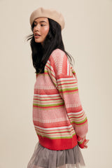 Coral Multi Stripe Crew Neck Sweater