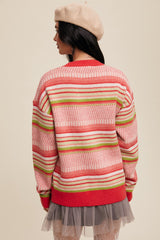 Coral Multi Stripe Crew Neck Sweater