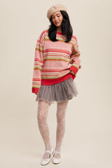 Coral Multi Stripe Crew Neck Sweater